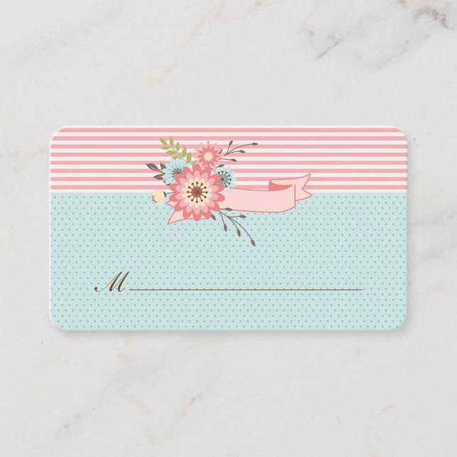 Placement Carte d'escorte de Mariage Floral Bleu et Corail (Devant)