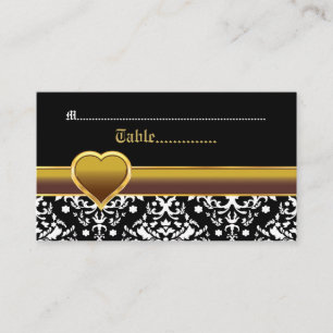Placement Carte mariage de coeur en or noir blanc damassé