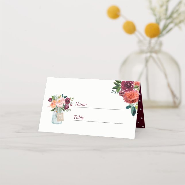 Placement Carte Mariage de la burgundy Rose Floral Mason Jar (Devant)
