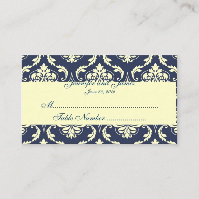 Placement Carte Mariage de la crème Damask Navy (Devant)