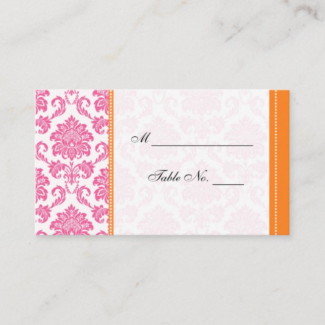 Placement Carte mariage de table en damas rose et orange (Devant)