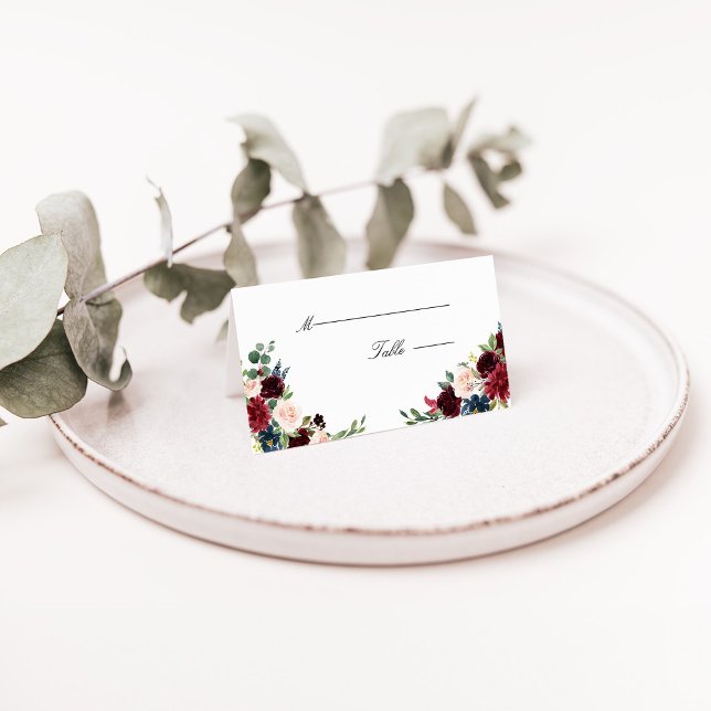 Placement Carte Place Mariage Floral de Bourgogne (Burgundy Marsala Navy Blush Floral Wedding Place Card)