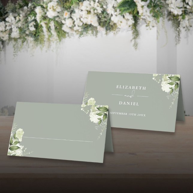 Placement Carte pliée de mariage à la flore verte sauge (Sage Green Floral Greenery Wedding Folded Place Card)