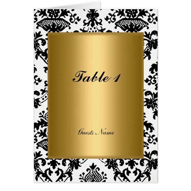 Placement de table en or et damas et carte de menu (Devant)