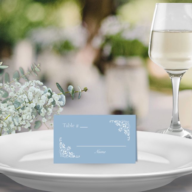 Placement Dusty Blue élégant noir Numéro de table Carte de p (Elegant dusty blue and white blank table number place cards for romantic chic wedding reception)