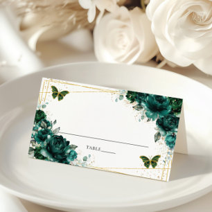 Placement Élégant Carte de Mariage Papillons Floraux Vert Em