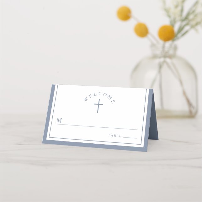 Placement Élégante carte de baptême pour garçon en bleu pous (Devant)