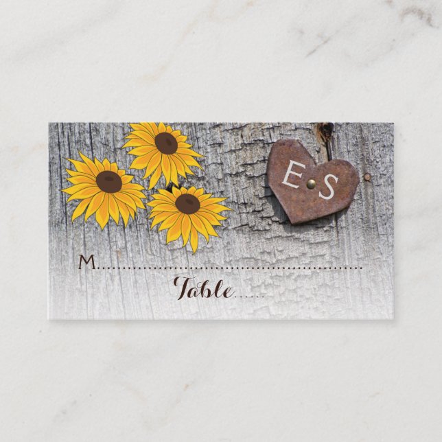 Placement Fleurs de soleil & coeur sur bois mariage carte pl (Devant)