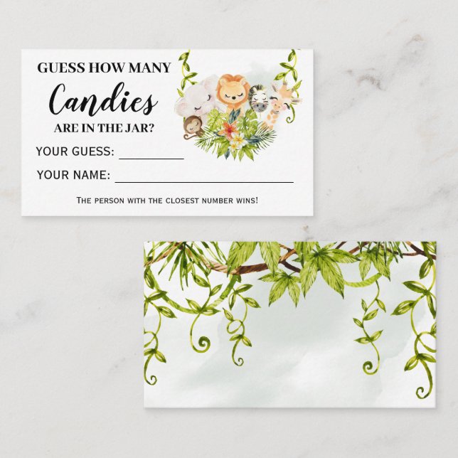 Placement Jungle Animaux Combien de bonbons carte Baby showe (Devant / Derrière)