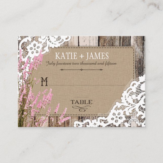 Placement Lavande de bois et dentelle Rustique Mariage Carte (Devant)