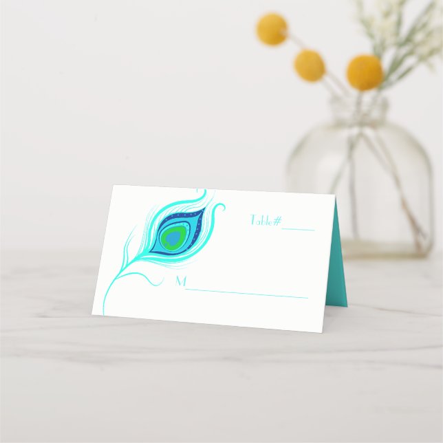 Placement Mariage de plumes Peacock moderne plié Carte de pl (Devant)