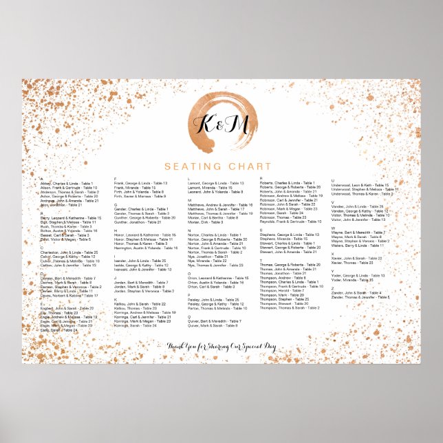 Plafond en cuivre Mariage Tableau de siège A-Z par (Devant)
