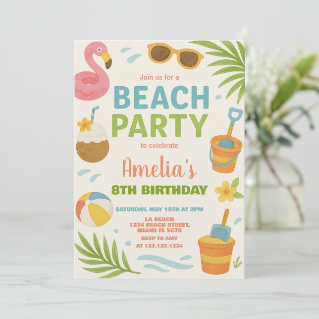 Plage animée Invitation d'anniversaire & Décor pou (Debout devant)