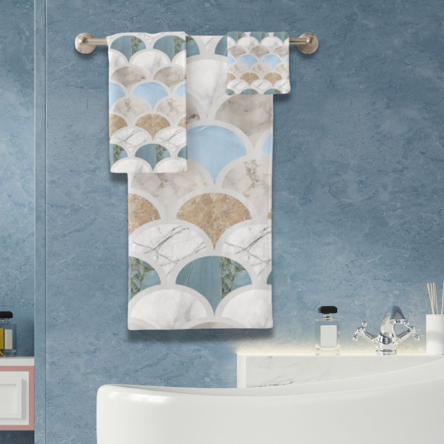plage aqua bleu marbre blanc pastel pèse-sirène (beach aqua blue white marble pastel mermaid scales bath towel set)