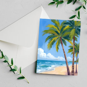 Plage aux palmiers   Carte bleue aquarelle tropica