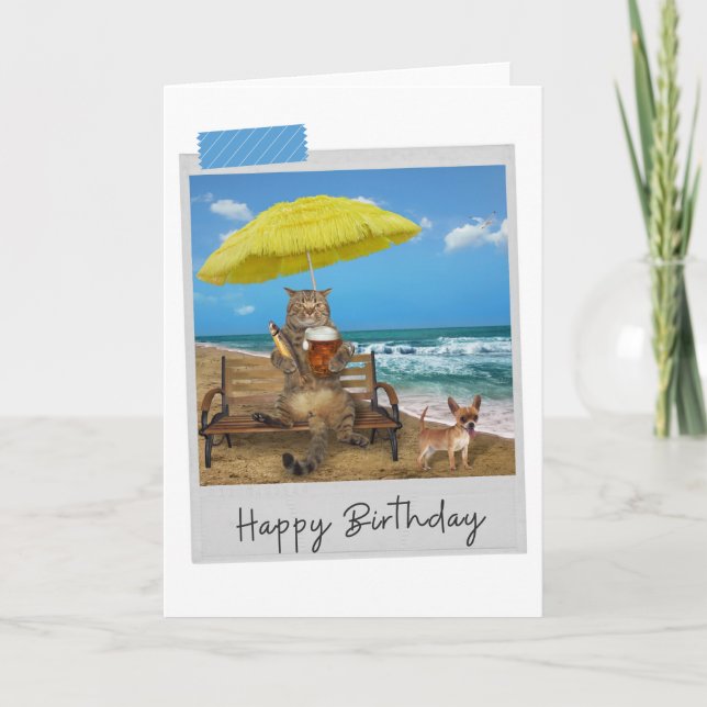 Plage Beer Cat Funny Carte d'anniversaire (Devant)