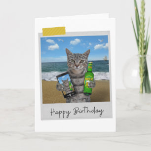 Plage Bière Tabby Chat Funny Carte d'anniversaire