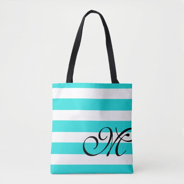 Plage Blue Aqua & White Stripes Monogram Sac fourr (Devant)