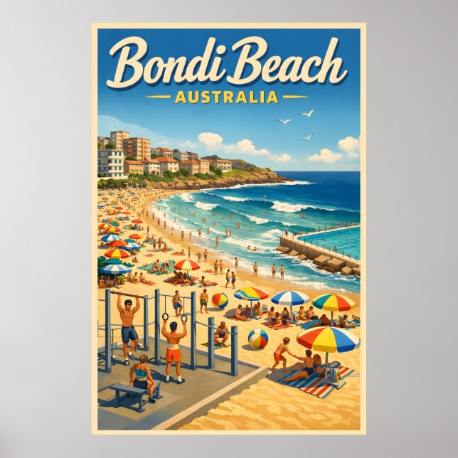 Plage Bondi Australie - Affiche de voyage vintage (Devant)