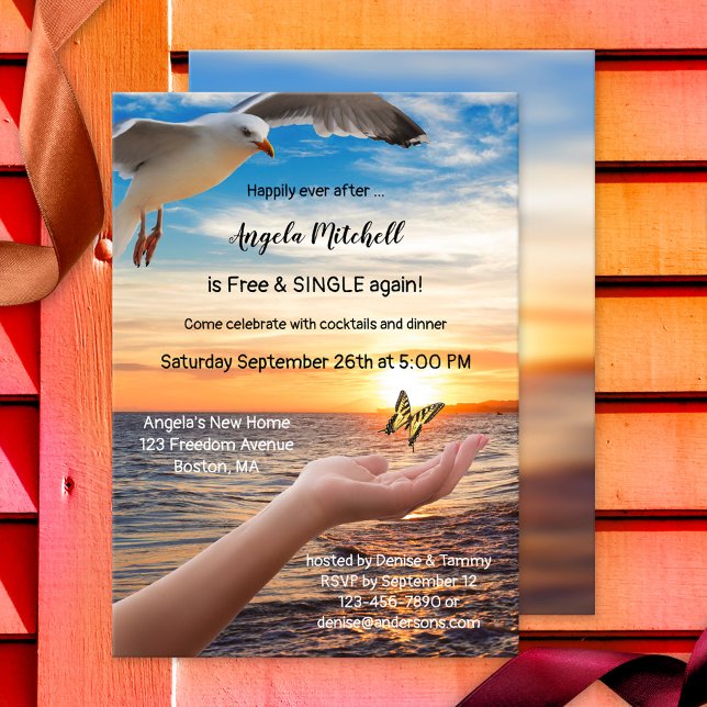 Plage Butterfly Freedom Divorce Party Invitation (Divorce party invitation featuring a butterfly, beach and the ultimate symbol of freedom: a seagull)