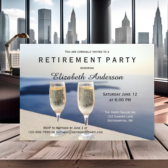 Plage Champagne Retraite Invitation (Elegant retirement party invitation featuring two champagne glasses at the beach. )
