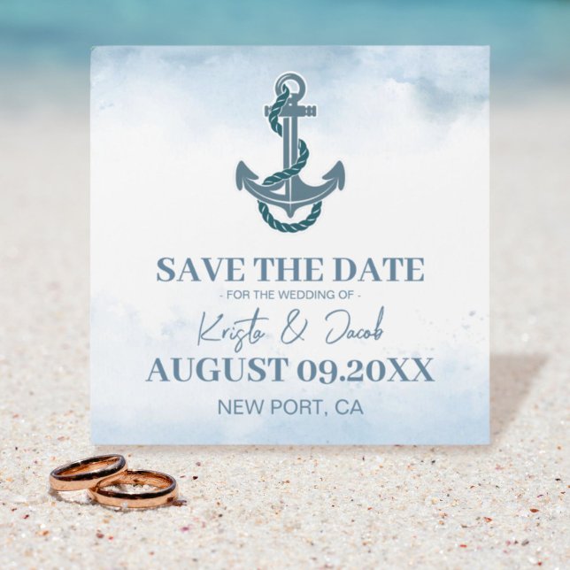 Plage Côtière Bleu Mariage Nautique Enregistrer La (Coastal Beach Blue Nautical Wedding Save The Date magnet card)