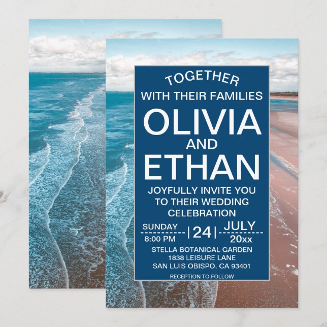 plage côtière bleu marine Mariage Invitation (Devant / Derrière)