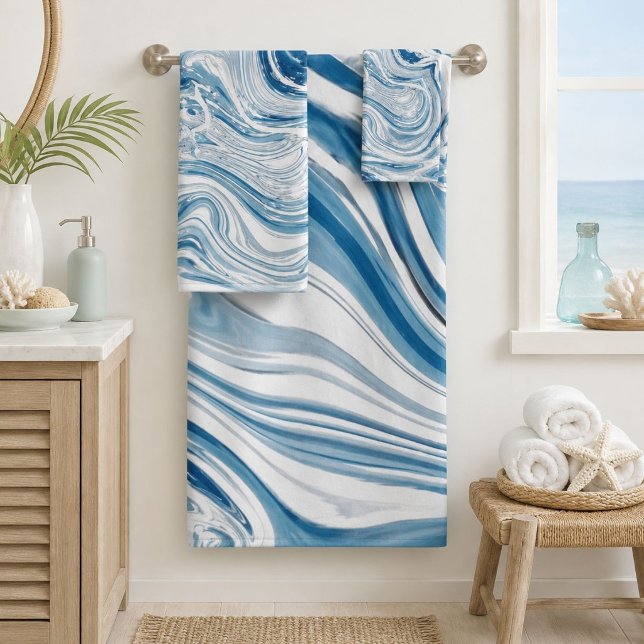 plage côtière nautique vagues aquarelle bleue tour (coast beach nautical waves watercolor blue swirls bath towel set)