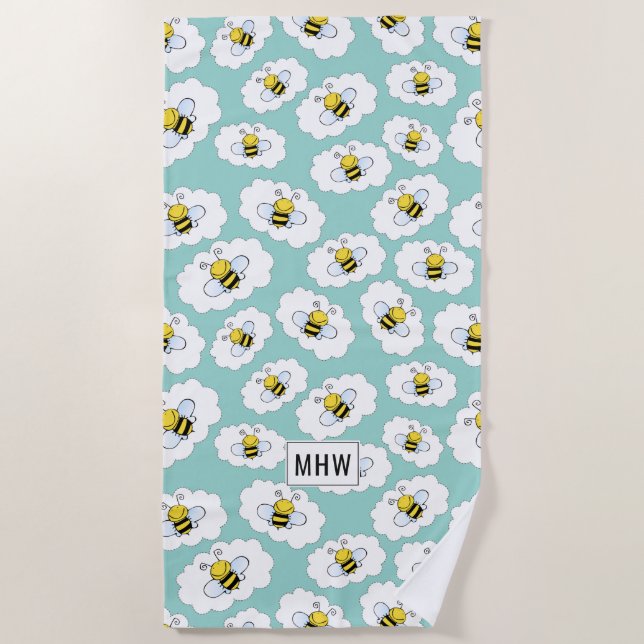 Plage Cute Bees personnalisé monogramme serviette de pla (Devant)