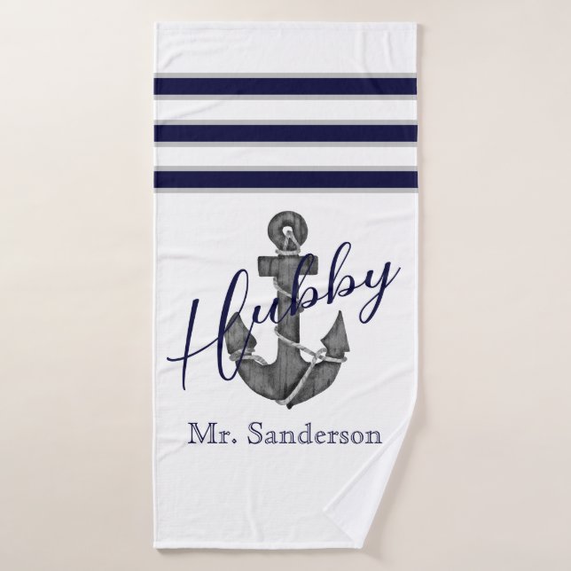 Plage d'Ancre de Hubby Nautical White et Navy Blue (Serviette de bain)