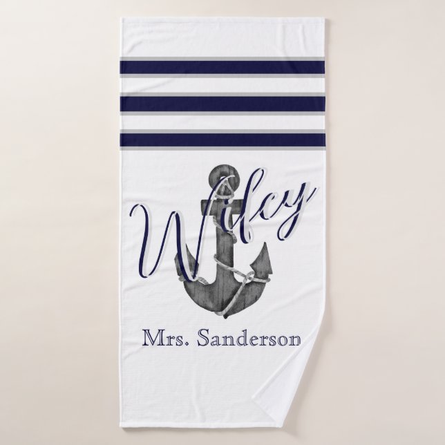 Plage d'Ancre de Hubby Nautical White et Navy Blue (Serviette de bain)