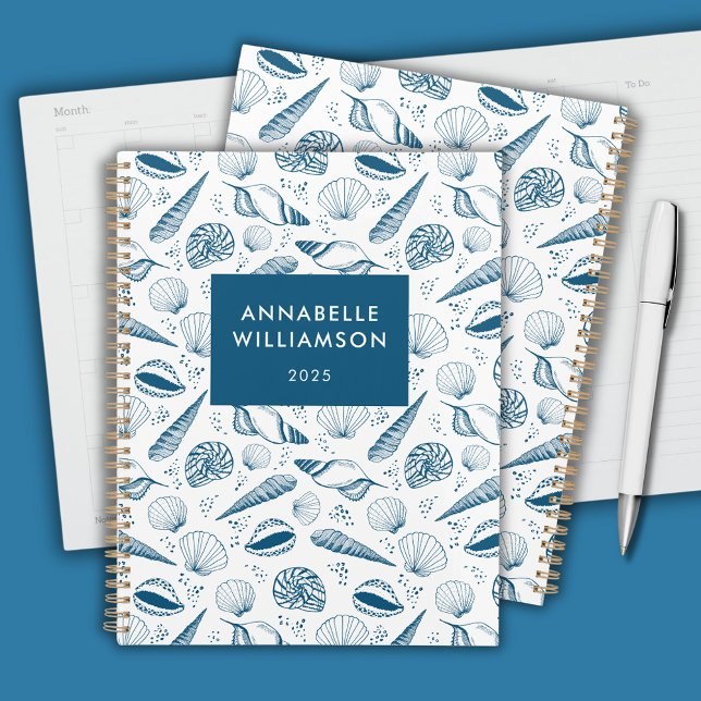 Plage de coquillages bleu et blanc (Seashell blue and white personalized planner)
