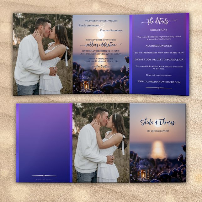 Plage Destination Mariage Tri-fold Invitation (Tri-fold beach or destination wedding invitation with custom photos and a bohemian coastal scene)