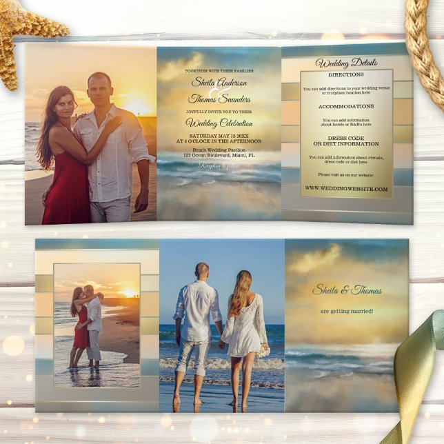 Plage Destination Mariage Tri-fold Invitation (Tri-fold wedding invitation featuring your photos on a painting of a sunset at a stormy beach)