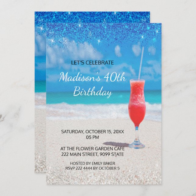 Plage et cocktail Invitation d'anniversaire (Devant / Derrière)