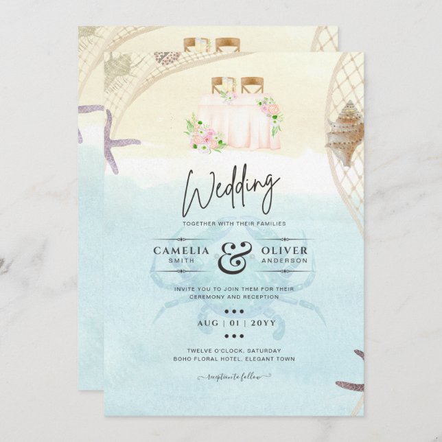 Plage Faire-part de mariage côtière sable Océan Vi (Devant / Derrière)