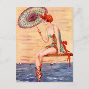 Plage Flapper Girl Carte postale natation Paraplui