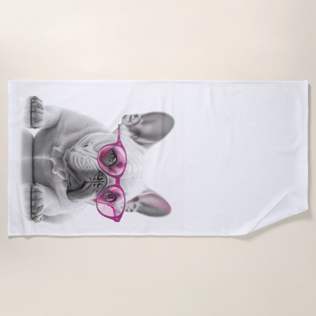 Plage French Bulldog avec lunettes roses Serviette de pl (Devant)