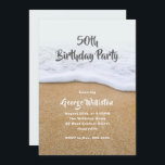 Plage Gars à thème Anniversaire Fête Invitation<br><div class="desc">Plage sable anniversaire invitation pour lui. Convient à tous,  et pour tout type d'événement,  texte personnalisé est en gris et blanc sur une image de plage. Reverse est gris clair solide.</div>