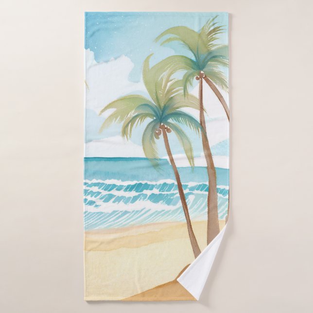 Plage Hawaïenne | Aquarelle Tropicale de Palmier (Serviette de bain)