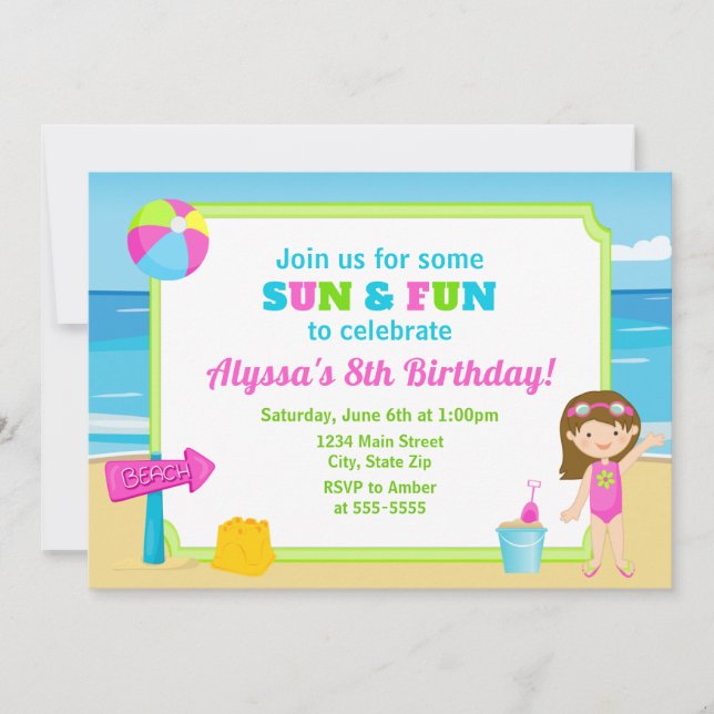 Plage Invitation Anniversaire Plage Party Fille (Devant)