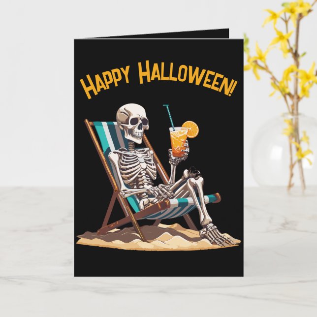 Plage Lounge Skeleton Carte de voeux Halloween (Fleur jaune)