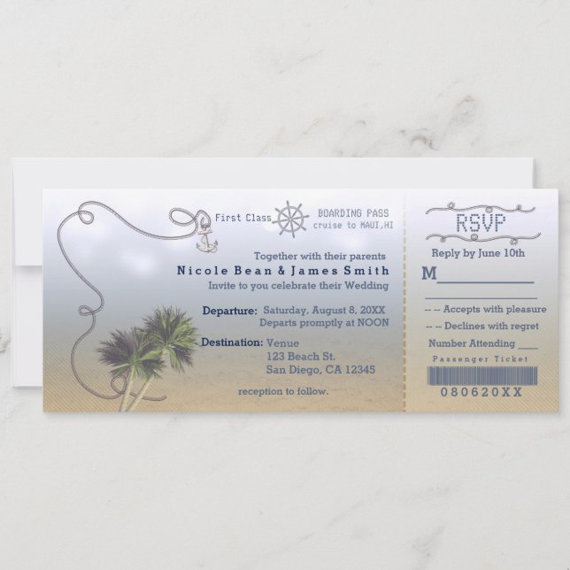 Plage Mariage Embarquement Vintage Invitations de  (Devant)