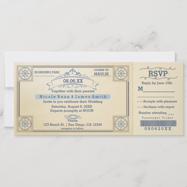 Plage Mariage Embarquement Vintage Invitations de  (Devant)