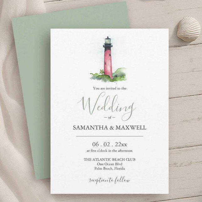 Plage Mariage Invitation aquarelle phare (Beach wedding invitations feature watercolor Jupiter lighthouse Victoria Grigaliunas DoTellABelle)