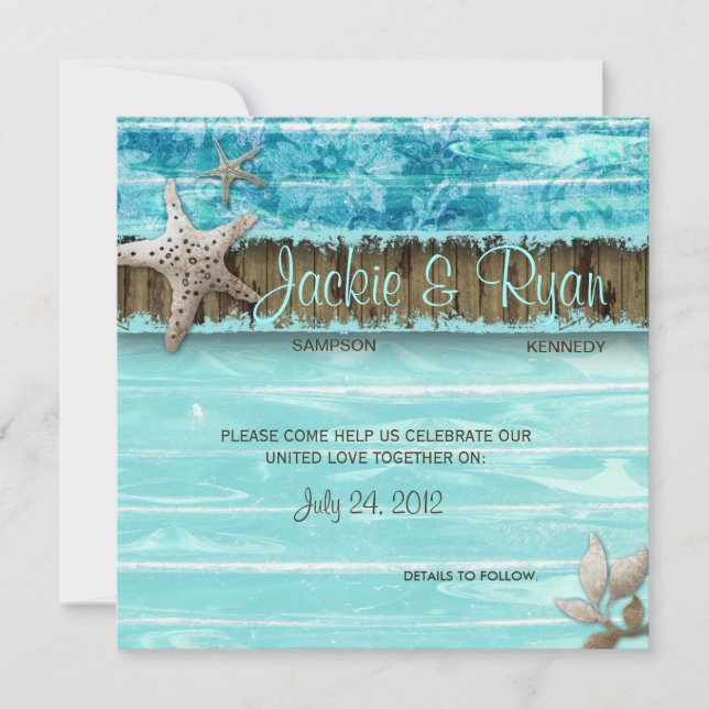 Plage Mariage Invitation Coquillage bleu Bois (Devant)