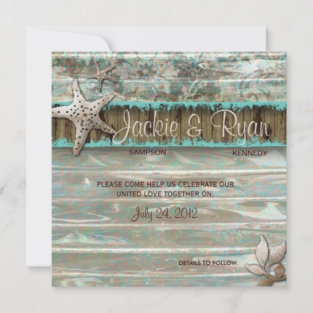Plage Mariage Invitation Coquillage bleu Vintage B (Devant)