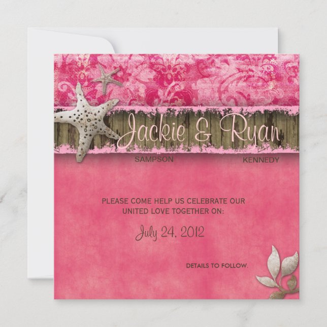 Plage Mariage Invitation Coquillage Bois rose (Devant)