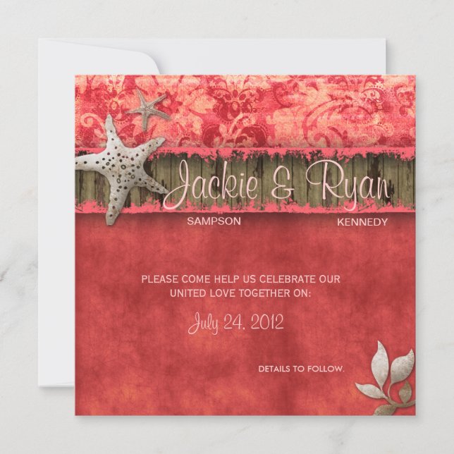 Plage Mariage Invitation Coquillage Corail Rouge (Devant)