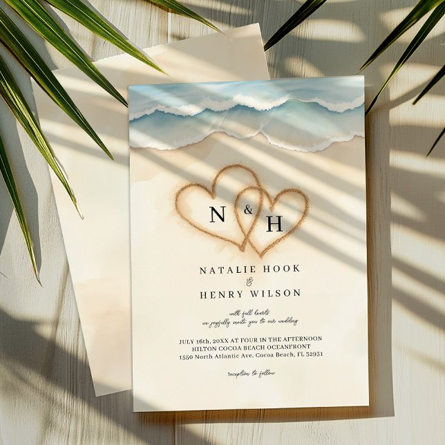 Plage Mariage Photo Invitation avec Coeurs de sabl (Tropical Beach Wedding Invite)